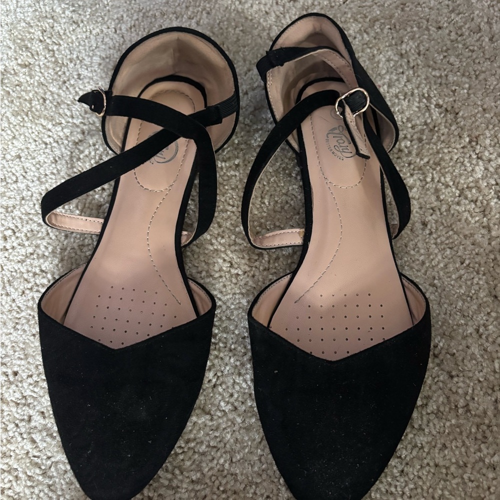 Black Suede Flats with Ankle Strap